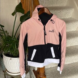 Hollister Women's Pink and Black Fleece Pop Over Jacket Wind Breaker